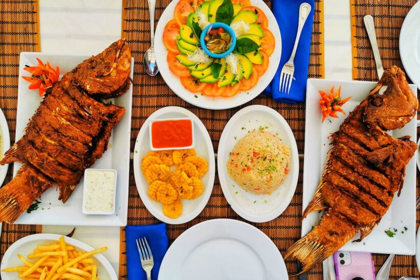 grilled fishes and fried rice