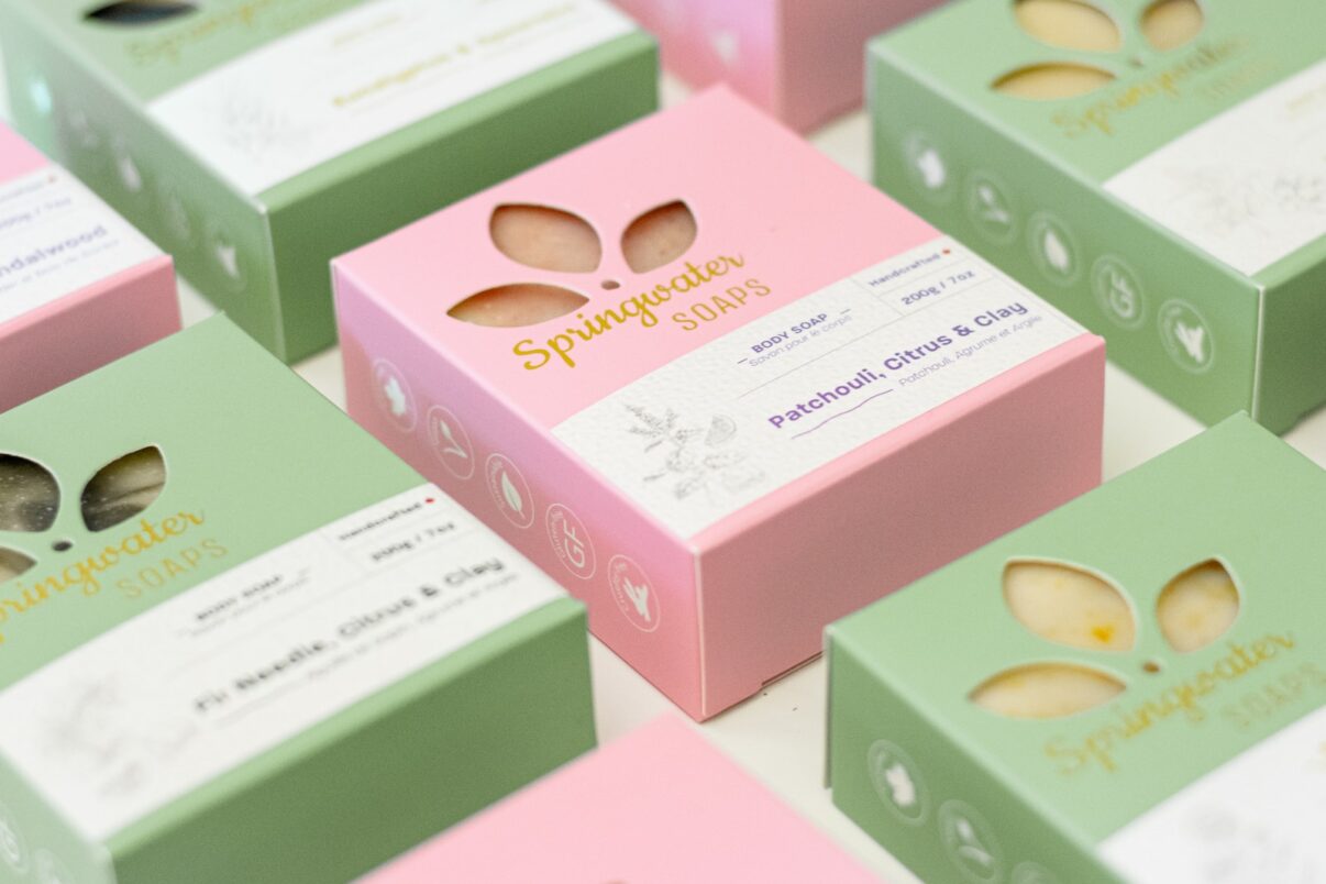 green and pink cardboard boxes